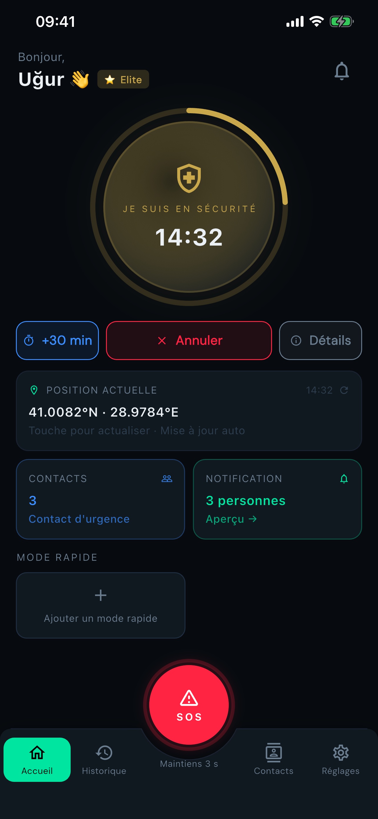 Accueil : minuteur de sécurité